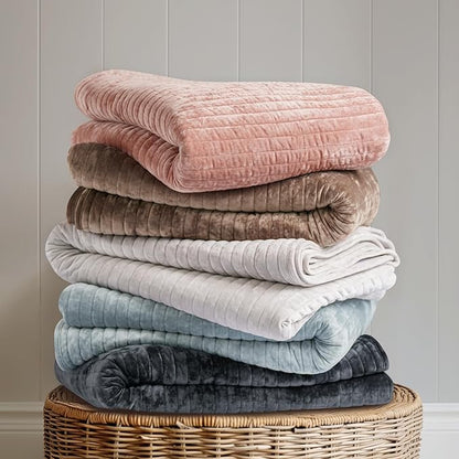 EVERGRACE Velvet Quilt Set Queen Size, Luxurious Soft Striped Channel Bedding Set, Lightweight Velvet Comforter for All Season, Oversized Bedspread Coverlet with 2 Matching Shams, Pink Clay