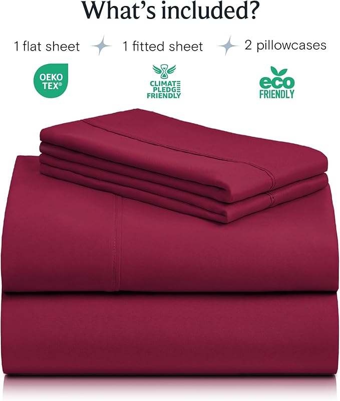 LuxClub 4 PC Full Sheet Set, Deep Pockets Wrinkle Free Cooling Bed Sheets Hotel Bedding for Women, Men, Kids & Teens, Includes 1 Fitted Sheet, 1 Flat Sheet and 2 Pillowcases-Burgundy