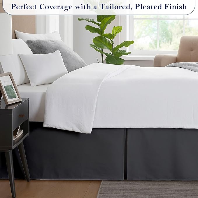 Queen Bed Skirt, Luxury 14 Inch Drop Dark Grey Pleated Bed Skirt, Double Brushed Microfiber, Box Pleat Design, Wrinkle & Fade Resistant, Easy Fit Tailored Bedskirt for Queen Size Beds