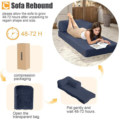 COMAX Folding Sofa Bed, Fold Out Chair Bed, Foldable Sofa, Convertible Sleeper for Adults, Futon Chair Single Small Floor Couch for Spaces, Bedroom Living Room Guest Room, Navy Blue