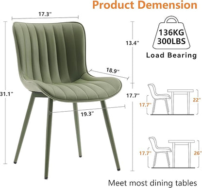 YOUNUOKE Mid-Century Modern Dining Chairs Set of 2, Green PU Leather Upholstered Kitchen Chairs with Green Metal Legs, Armless Accent Chair for Dining Room, Guest Reception Room