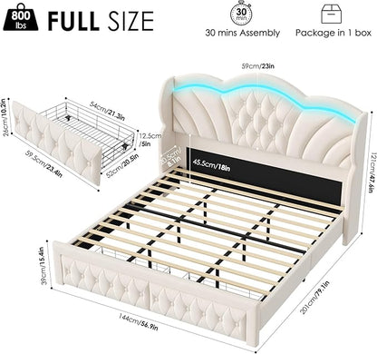 Keyluv Full Bed Frame Arc-Shaped LED Lights and 47.2" Height Wingback Bed, Button Tufted Headboard and Footboard with Storage Drawer, Velvet Upholstered Platform Bed Frame No Box Spring Needed, Beige