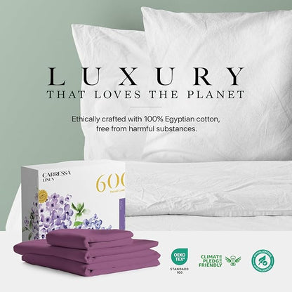 Carressa Linen 100% Egyptian Cotton Twin XL Sheets Set - 600 Thread Count Luxury Egyptian Cotton Sheets Twin XL Size (3 PC, Plum Purple), 16" Deep Pocket, Soft, Cooling, Sateen Weave Dorm Room Bedding