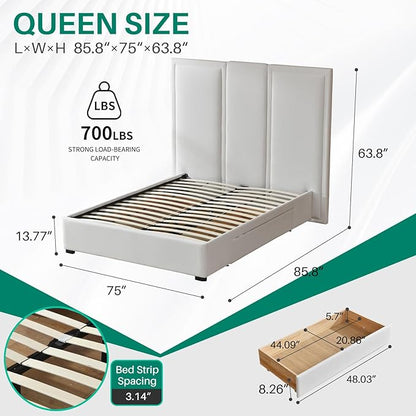 YUHUASHI Queen Size Bed Frame with 64-inch High Headboard, Simple and Airy Linen Upholstered Platform Bed with Storage Drawers, Wood Slat, No Noise (White, Queen (U.S. Standard))