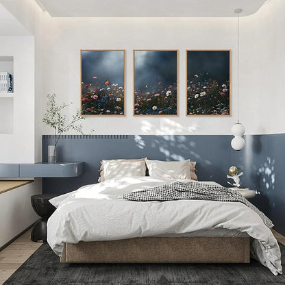 LHIUEM Large Nature Moody Floral Framed Canvas Wall Art,Abstract Dark Wall Decor,Wildflower Botanical Landscape Wall Painting,Picture Artwork for Living Room,Bedroom,Dining Room,Office -24"x36"x3
