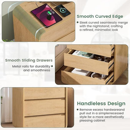 Farmhouse Nightstand, 25" Tall Wood Bedside Table with Charging Station, 3 Storage Drawers Side Table, Large End Table Night Stand for Bedroom, Office, Sofa, Curved Profile, Natural