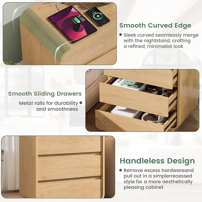 Modern Nightstand Set of 2, 23.2" Large Wood Night Stand with Charging Station & Curved Profile, 3 Storage Drawers Dresser Bedside Table, Mid-Century End Table for Bedroom Sofa, Natural