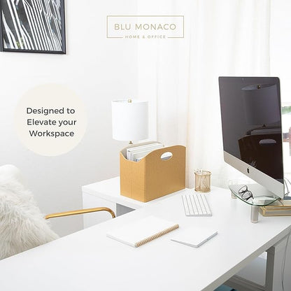 BLU MONACO | Gold Magazine Holder | Woven PVC Leather Organizer with MDF Frame | Floor or Table Storage for Home Office Bathroom | Large Capacity Vertical File Basket