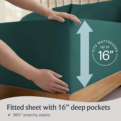 LuxClub 4 PC King Sheet Set, Deep Pockets Wrinkle Free Cooling Bed Sheets Hotel Bedding for Women, Men, Includes 1 Fitted Sheet, 1 Flat Sheet and 2 Pillowcases-Silky Soft Emerald