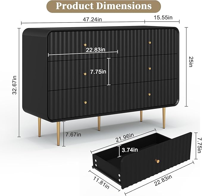HLR Fluted 6 Drawers Dresser, 48'' Wide Modern Chest of Drawers with Gold Metal Handles,Dresser TV Stand, Wood Dressers & Chest of Drawers for Bedroom, Living Room, Hallway (Black)
