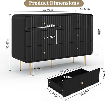 HLR Fluted 6 Drawers Dresser, 48'' Wide Modern Chest of Drawers with Gold Metal Handles,Dresser TV Stand, Wood Dressers & Chest of Drawers for Bedroom, Living Room, Hallway (Black)