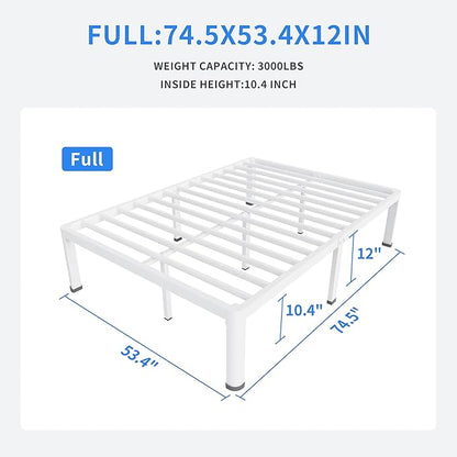 MAF 12 Inch Full Size Metal Platform Bed Frame White with Round Corner Legs, Mattress Slide Stopper, 3000 LBS Heavy Duty Steel Slats Support, Noise Free, No Box Spring Needed, Easy Assembly