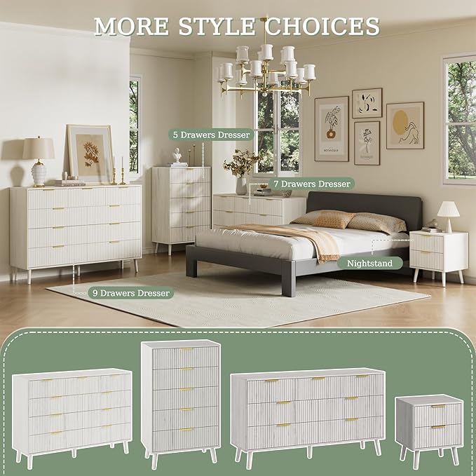 LYNSOM Fluted Dresser and Nightstand Sets 3 Piece, 7-Drawers Dresser and 1-Drawer Nightstands Set of 2, Wood Bedroom Furniture Set for Home, Bedroom, Hallway, White