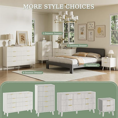 LYNSOM Fluted Dresser and Nightstand Sets 3 Piece, 7-Drawers Dresser and 1-Drawer Nightstands Set of 2, Wood Bedroom Furniture Set for Home, Bedroom, Hallway, White
