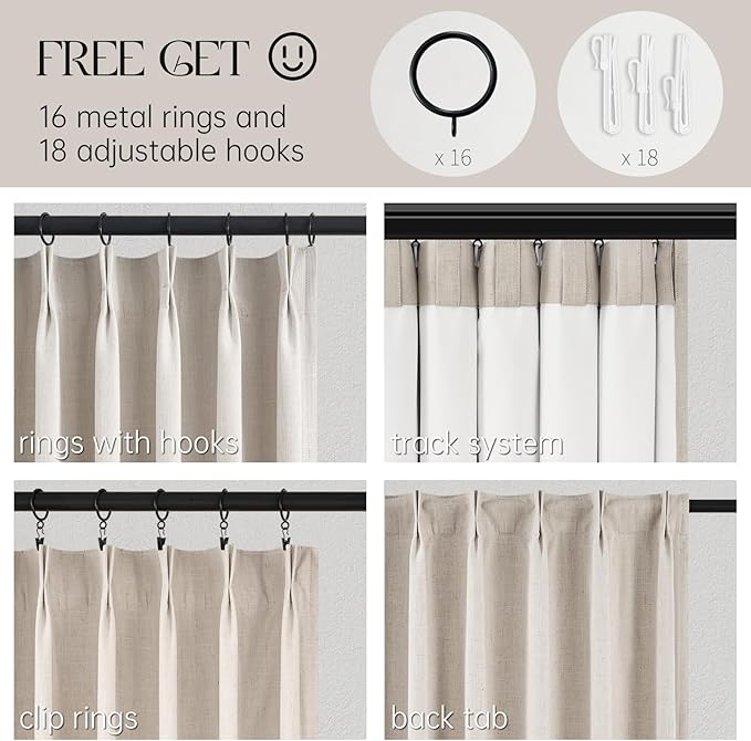 Topfinel 90 Inches Long Full Blackout Linen Curtains for Bedroom, Oatmeal Pinch Pleated Sound Block Curtains, Beige Decorative Elegant Farmhouse Lined Drapes 2 Panels Set for Living Room Sliding Door