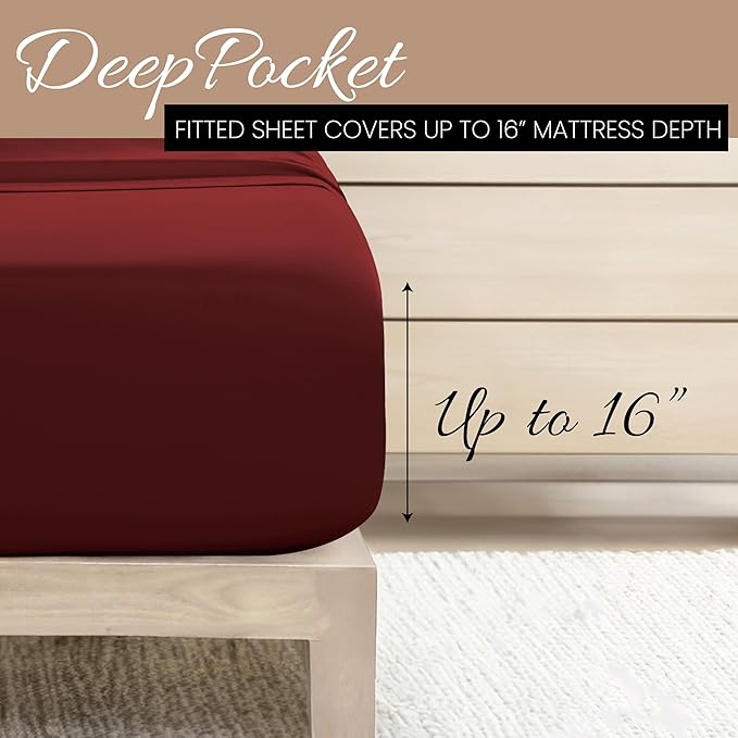 Linen Market Brushed Microfiber Queen Sheet Set 4 Piece – Oeko-TEX Certified Ultra Soft & Wrinkle-Free - 16" Deep Pocket Sheets - Easy Care Queen Size - Burgundy