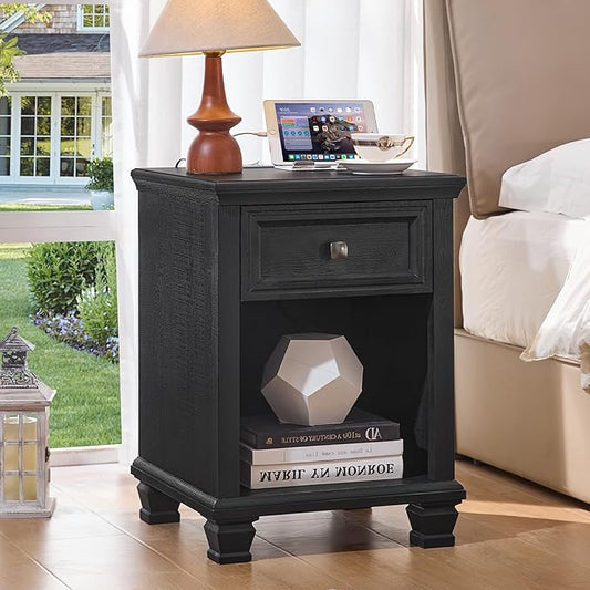 SAVOR LIFE Farmhouse End Tables Living Room with Drawer, Rustic Wood Nightstand with Charging Station, Bedside Table with Open Shelf for Bed Room, Living Room, Black