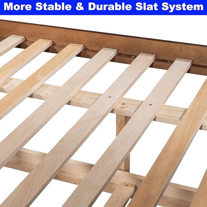 STERXONE Best Thicken Solid Wood Full Over Full Bunk Bed with Trundle, Luxurious Bunk Bed Frame Full Size with Safety Guard Rail and Ladder, Convertible to 2 Beds for Adults, Teens (Walnut)