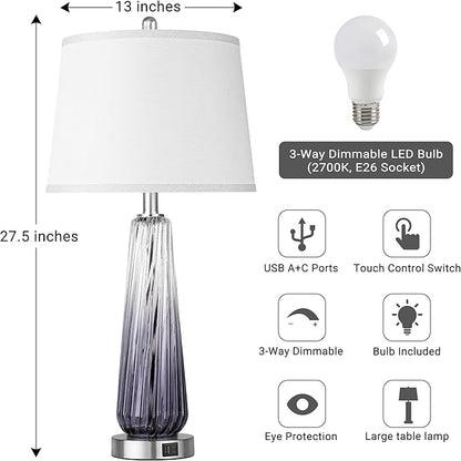 Glass Table Lamps for Living Room, Modern Bedside Lamps with USB A+C Ports, 3-Way Dimmable Touch Control Nightstand Lamp with White Linen Shade, 27.5" Large Lamps for Bedrooms Decor, Grey, 1 Pack