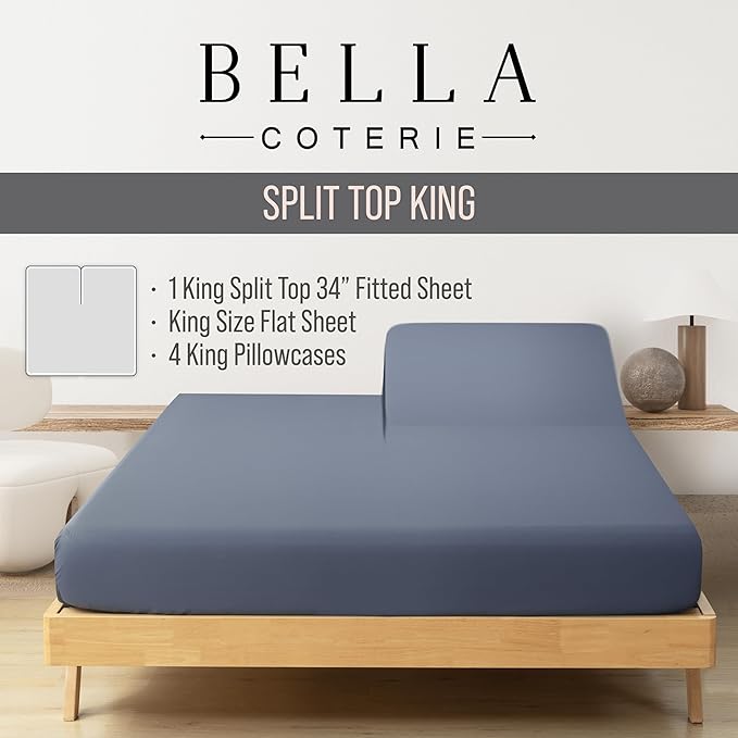 Bella Coterie 6 Piece Luxury Bamboo Viscose Split Top King Size Sheet Set | 34" Split for Adjustable Beds | 100% Organically Grown| Cooling | 18” Deep Pocket | 4 Pillowcases [Slate Blue]