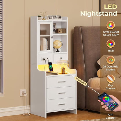 ADORNEVE White Nightstand Set of 2 with Charging Station,49.2" LED Night Stand for Bedroom,Tall Bedside Table with Bookshelf and Drawers,Side Tables Bedroom