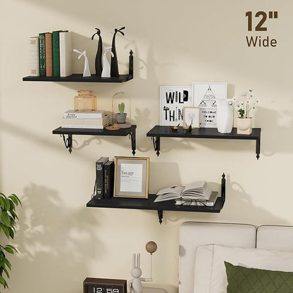 Dreamland Deep Floating Shelves, 48" W x 12" D Wall Shelves Set of 2, Wide Display Shelf Wall Mounted with Brackets, Bookshelf for Living Room, Bathroom, Bedroom, Black