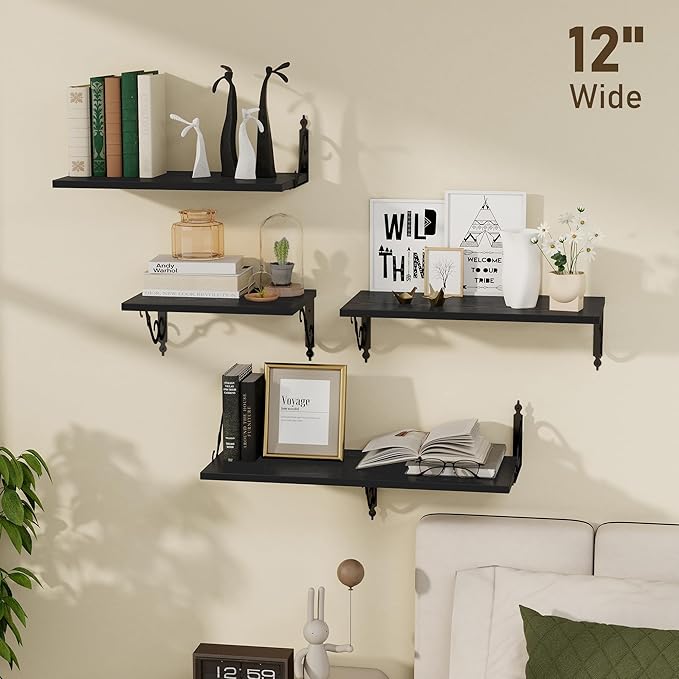 Dreamland Deep Floating Shelves, 55" W x 12" D Wall Shelves Set of 2, Wide Display Shelf Wall Mounted with Brackets, Bookshelf for Living Room, Bathroom, Bedroom, Black