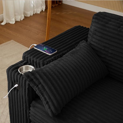 Convertible Corduroy Sofa Bed with USB Charging Port & Cup Holders, 68.11" Foldable Sleeper Chair with Armrests & Pillows, 3-in-1 Floor Futon for Living Room, Bedroom, Guest Room，Easy Assembly