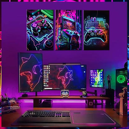 Game Room Decor Posters Set of 3 - Neon Gaming Accessories Theme Canvas Wall Art, Gamer Console Paintings Picture Wall Decor for Children Youth Boys Bedroom 12x16 inch Unframed