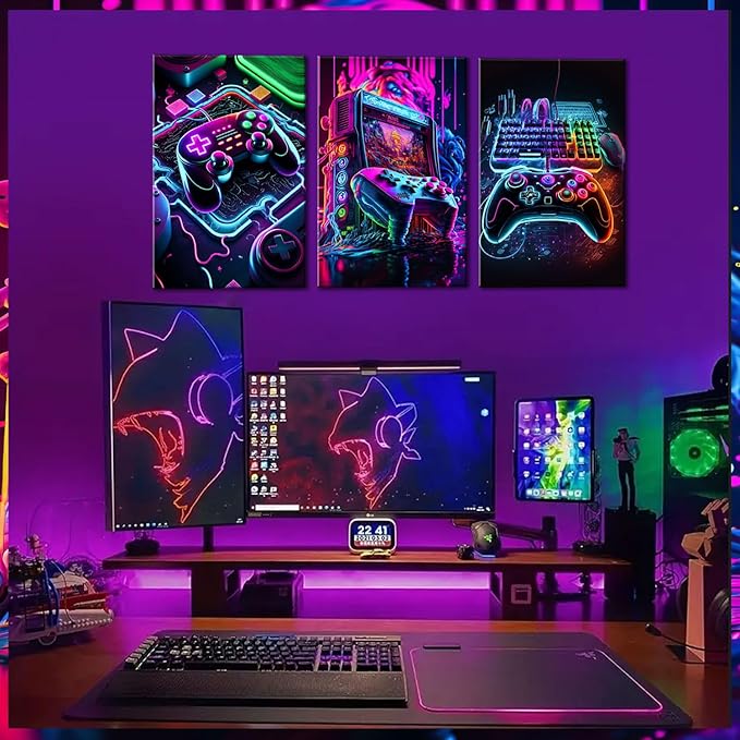 Game Room Decor Posters Set of 3 - Neon Gaming Accessories Theme Canvas Wall Art, Gamer Console Paintings Picture Wall Decor for Children Youth Boys Bedroom 16x24 inch Unframed