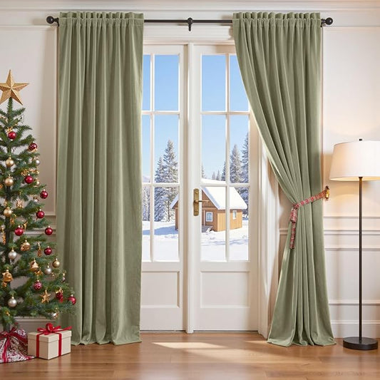 Lazzzy Velvet Blackout Curtains Thermal Insulated Room Window Drapes Super Soft Luxury Curtains for Living Room Bedroom Rod Pocket 2 Panels, Olive Sage, 62" W x 108" L