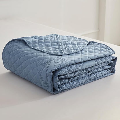 CHIXIN Oversized King Bedspread 128x120 Extra Wide - Lightweight Bedding Cover - Beautiful Stitching - 5 Piece Reversible Bedspread - Luxury Damask Paisley Pattern (King/Cal King, Ashley Blue)