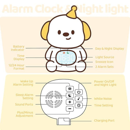 Dog Alarm Clock with Night Light for Kids with Sleep Training and Sound Machine, Rechargeable Silicone Lamp OK to Wake Clock，Cute Animal Tabletop Lamp, Perfect Sleep Companion for Boys Girls