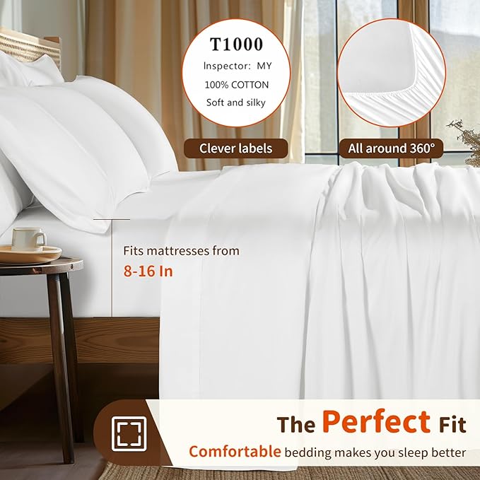 LBRO2M 1000 Thread Count 100% Egyptian Cotton Sheets Set 6 Piece Sets Full Size Bed Sheet Deep Pocket Sheet Set 16" Soft Comfortable All Season (Full, White)