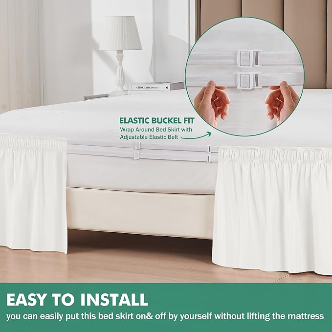 Biscaynebay Wrap Around Bed Skirts with Split Corners for Queen Beds 18" Drop, Ivory Adjustable Elastic Dust Ruffles Easy Fit Wrinkle Resistant Silky Luxurious Fabric Machine Washable
