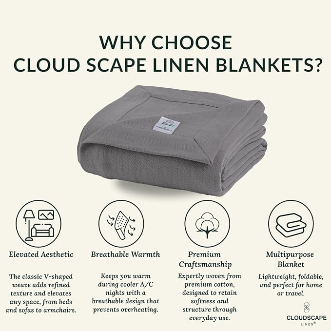 Cloud Scape Linen 100% Cotton Blanket 92x92 Sharkskin - Cozy Herringbone Weave, Fits Up to for Full Size Beds, Breathable Softness, All-Season Warmth, Winter Blanket, for Women