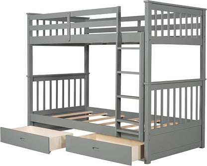 Merax Wood Bunk Bed with Drawers,Convertible Wood Bunk Bed with Ladders and Two Storage Drawers,Solid Wood Detachable Bunk Bed Frame with Ladders,Twin Over Twin Size,Grey