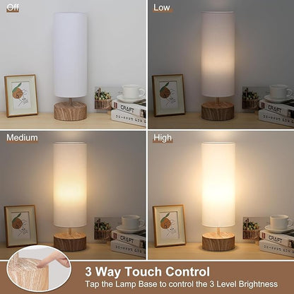 Touch Table Lamp with Metal Base Covered with Wood Grain, 3 Way Dimmable Bedside Nightstand Lamp with White Shade, Simple Night Light for Bedroom Living Room Home Office, LED Bulb Included