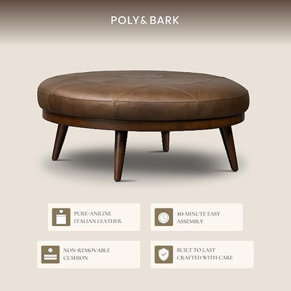 Poly & BARK Gio Ottoman – 30” Round with Feather-Down Topper – Full-Grain Leather Upholstery – Couch Ottoman for Living Room – Vintage Italian Leather in Cocoa Brown
