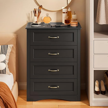 Gizoon Dresser for Bedroom with 4 Drawers Wooden Chest of Drawers for Closet Dresser Storage Unit Organizer for Hallway Living Room and Office, Black