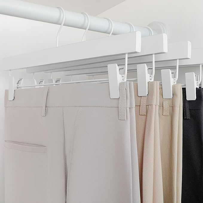 TOPIA HANGER Lotus Wood Pants Hangers, Skirt Short Bridal Trousers Slacks Hangers with 2 Premium Adjustable White Metal Clips with Rubber Stopper Padded 360° Swivel White Hook 10 Pack, CT55W