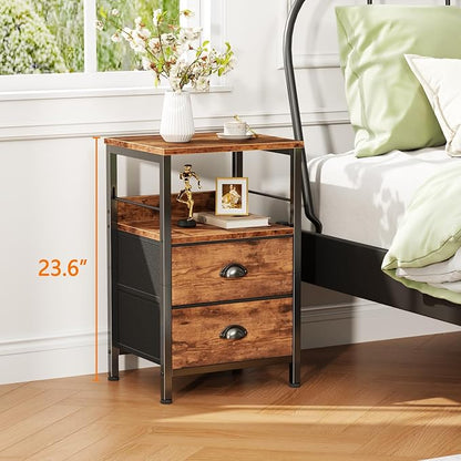 Furologee Night Stand Set of 2, Nightstand with 2 Fabric Drawers, Bed Side Table with Open Shelf, Wooden Top, Hooks, Backboard Design, End Table for Bedroom, Study, Hallway, Brown