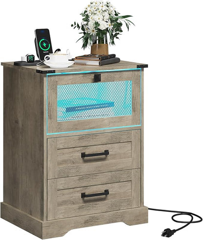 Hasuit Farmhouse Night Stand Set of 2 with LED Lights and Charging Station, Rustic Oak Nightstand with 2 Drawers, and Cubby with Wire Mesh Door, Bedside End Table for Bedroom