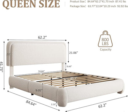 Queen Size Bed Frame with Adjustable Headboard, Boucle Upholstered Platform Bed with Wood Slats, Anti-Collision Soft Rounded Corners, No Box Spring Needed, Noise-Free, Easy Assembly