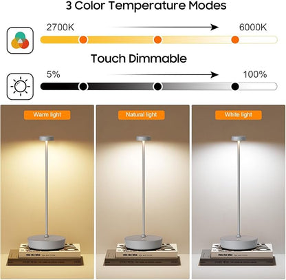 Cordless LED Table Lamp，Rechargeable Battery Desk Lamps, 3 Color Stepless Dimmable Metal Battery Table Lamps, Portable Waterproof Table Light for Indoor/Outdoor/Restaurant (2Pack Gray)