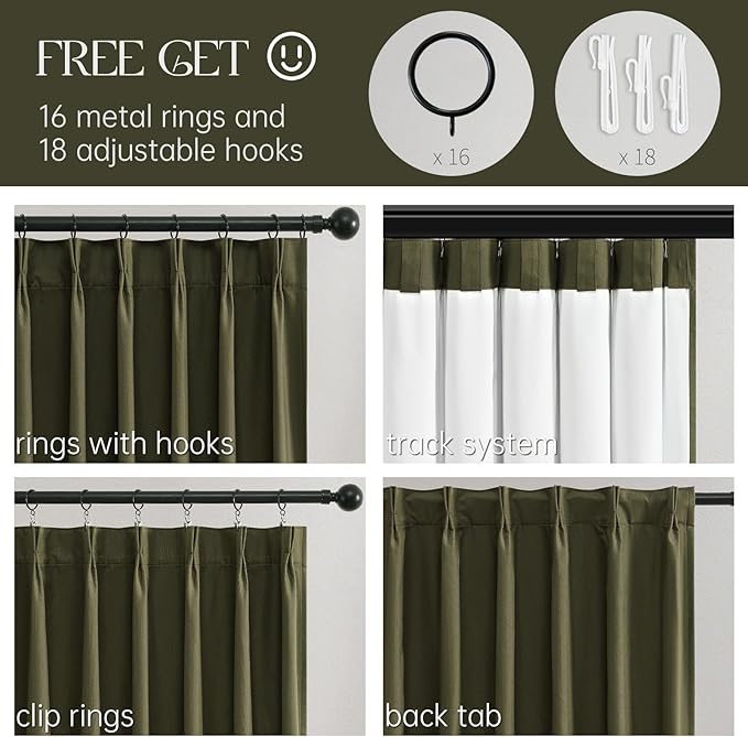 Topfinel Olive Green 105 Inches Long Custom Black Out Faux Thick Linen Curtains, Pinch Pleated Heat Reflective Curtains with Pin Hooks, Luxury Lined Back Tab Drapes 2 Panels for Living Room