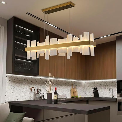 Alabaster Rectangle Chandelier, Natural Spanish Stone Texture Chandeliers, 46.8" Adjustable Alabaster Chandelier Over Table for Dining Room, Bedroom, Island– Modern Luxury Ceiling Lighting
