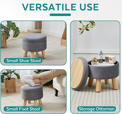 FIMIVIBI Small Foot Stool Ottoman with Storage, Velvet Ottoman Foot Rest for Couch, Round Footstool with Storage, Small Ottomans and Footstools for Living Room and Entryway (Gray)