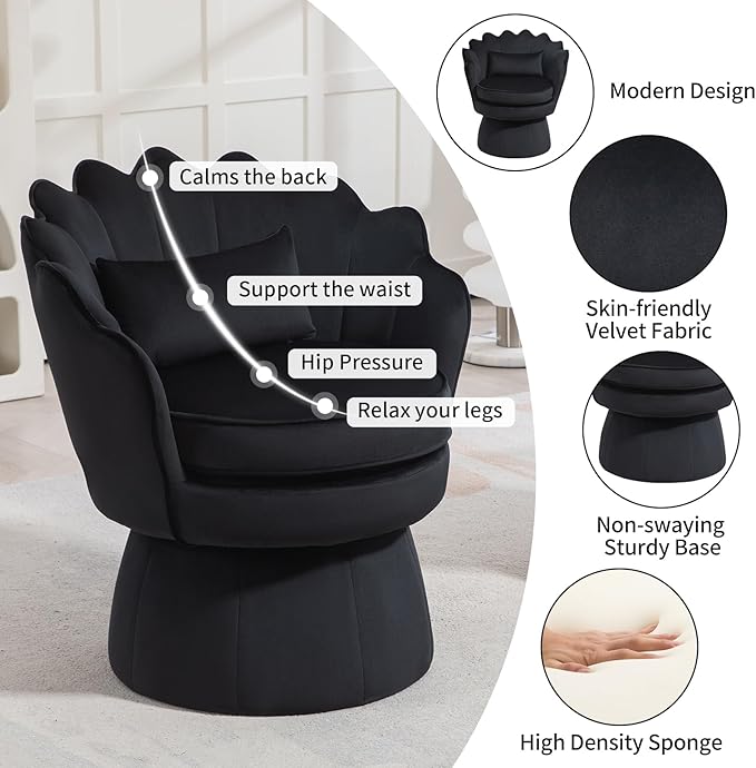 360° Swivel Accent Chairs Set of 2, Mid-Century Modern Velvet Barrel Chair, Comfy Shell Shape Arm Chair with Lumbar Pillow for Living Room, Bedroom, Office, Black