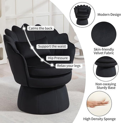 360° Swivel Accent Chairs Set of 2, Mid-Century Modern Velvet Barrel Chair, Comfy Shell Shape Arm Chair with Lumbar Pillow for Living Room, Bedroom, Office, Black
